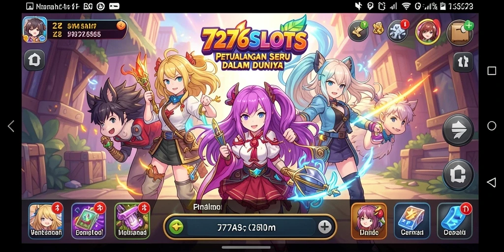 Screenshot gameplay 7276SLOTS menampilkan aksi seru dan karakter anime.