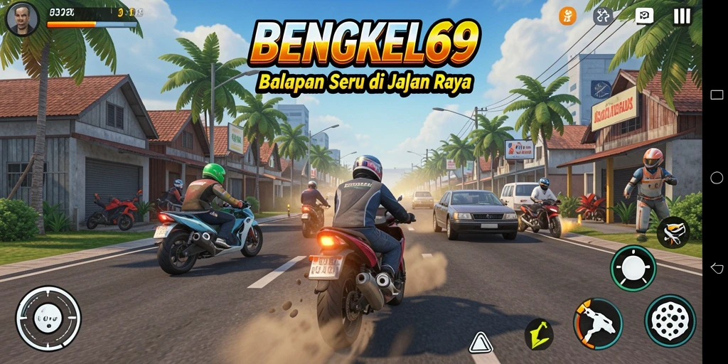 Tangkapan layar BENGKEL69 menampilkan balapan mendebarkan dengan mobil kencang.