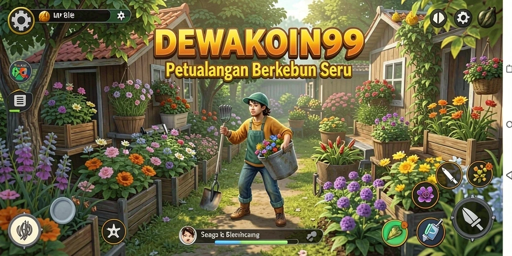 Screenshot gameplay DEWAKOIN99 dengan suasana berkebun yang ceria.