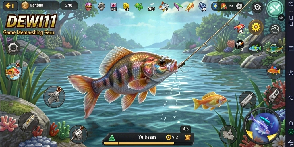 Tampilan gameplay DEWI11 dengan lokasi memancing yang indah dan banyak ikan.