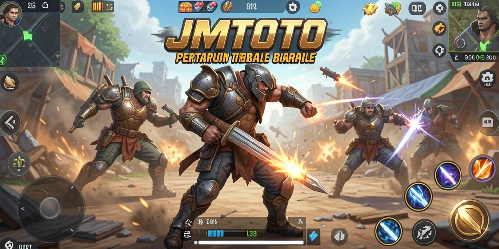 Screenshot gameplay JMTOTO menampilkan aksi pertarungan seru dalam Battle Royale.