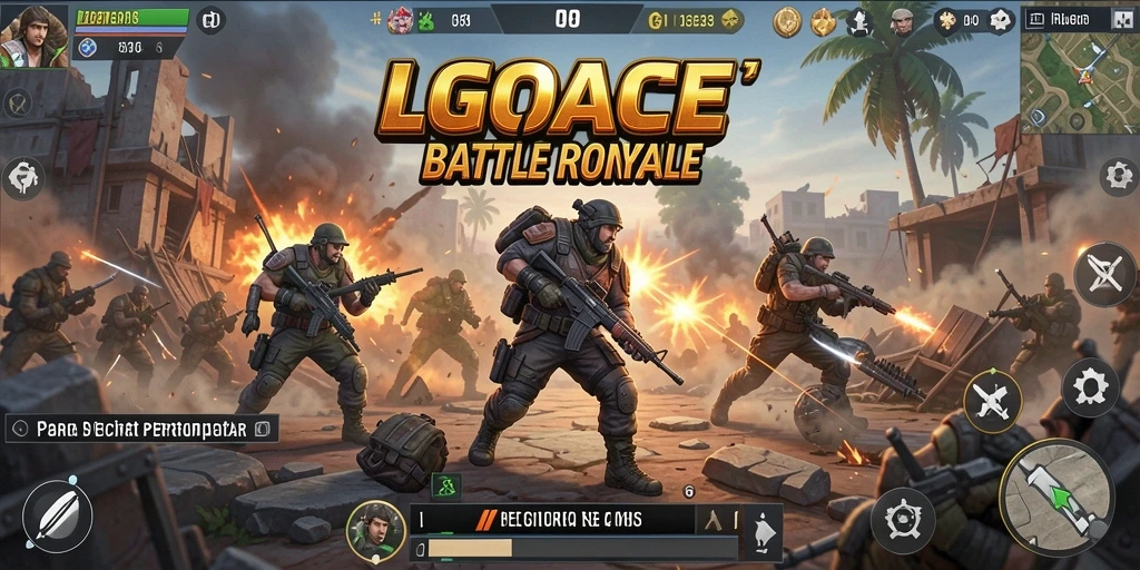 Screenshot gameplay LGOACE menampilkan pertempuran intens di arena Battle Royale.
