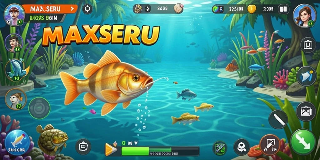 Screenshot gameplay <strong>MAXSERU</strong> menunjukkan serunya menangkap ikan di berbagai lokasi.