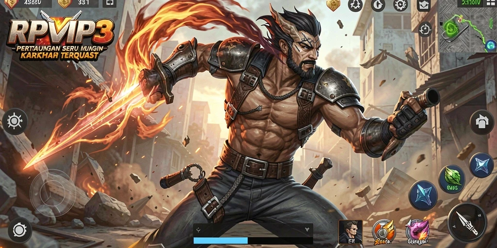 Tampilan gameplay RPVIP3 dengan karakter bertarung di arena penuh aksi.
