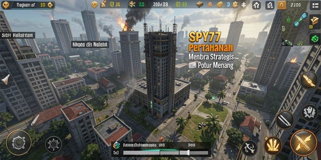 Tangkapan layar gameplay SPY77 menunjukkan pertempuran Tower Defense yang mendebarkan.