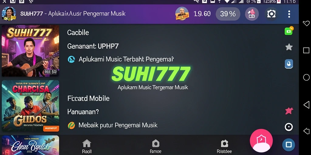 Screenshot utama menunjukkan pengguna menikmati musik dengan antarmuka yang menarik.