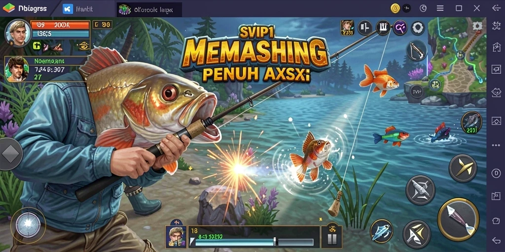 Tampilan gameplay SVIP1 saat menangkap ikan besar di lautan.