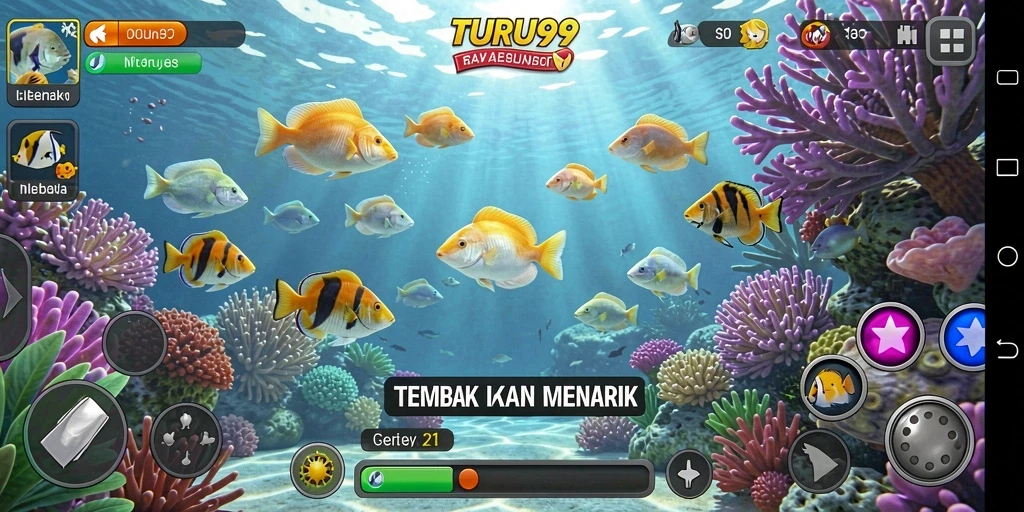 Screenshot gameplay <strong>TURU99</strong> menunjukkan aksi menembak ikan yang penuh warna.