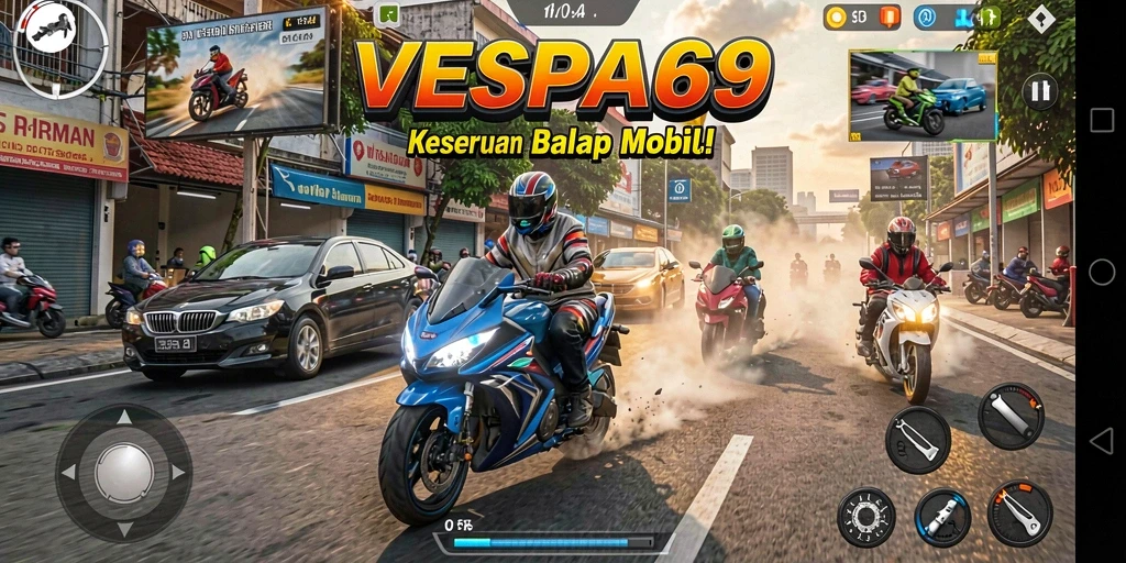 Gameplay seru VESPA69 yang penuh aksi balapan.